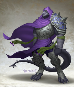 anthro armor cape claws clothing digitigrade male muscular muscular_male pauldron plate_armor purple_cape purple_clothing simple_background solo standing tail vanharmontt reptile scalie 2025 absurd_res digital_media_(artwork) hi_res