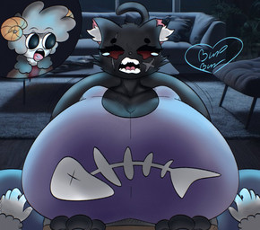 anthro big_breasts big_butt black_body breasts butt cat_tail duo eyes_closed facial_markings female fishbone fluffy_ears furniture head_markings horn huge_breasts hyper hyper_breasts looking_at_viewer male male/female markings nevuko_(blepbun) on_top on_top_of open_mouth paws puffy_sleeves scar shaking_butt sheep_horns sofa surprised tail techvela teeth_showing tired tongue white_body wide_eyed yawn blepbun novis_(techvela) bovid caprine felid feline humanoid mammal sheep hi_res