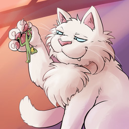 ambiguous_gender captured claws duo fangs feral fur green_body held_by_tail inside lifted lifted_by_tail male pawpads predator/prey size_difference smug tail teeth white_body white_fur yellow_sclera waddledox domestic_cat felid feline felis gecko lizard mammal reptile scalie 1:1 2026 digital_drawing_(artwork) digital_media_(artwork) hi_res