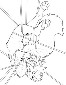 anthro biped bound claws digitigrade entangled eyebrows fluffy fluffy_tail hair looking_at_viewer male male_anthro nervous nude nude_anthro nude_male paws short_hair solo stripes tail teeth three-quarter_view rick_griffin canid canine mammal 2021 black_and_white dated digital_drawing_(artwork) digital_media_(artwork) line_art monochrome signature