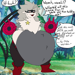 after_vore ambiguous_gender anthro belly belt big_belly bodily_fluids bottomwear clothing cybernetic_arm cybernetic_limb footwear fur grey_body grey_fur grey_hair group hair heart_symbol huge_belly mask mechanical_arm obese obese_anthro open_mouth overweight overweight_anthro pants red_eyes shoes solo sound_effects speech_bubble star sweat text thick_thighs trio vore weight_gain white_body white_fur doomryder bandai_namco digimon digimon_beatbreak digimon_(species) wolvermon 1:1 2026 digital_media_(artwork) english_text hi_res