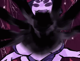 ambiguous_gender anthro big_breasts breasts bursting_breasts bursting_out_of_clothing button-down_shirt button_(fastener) button_pop clothing collarbone duo female feral inner_boob pigtails purple_body spider_web wardrobe_malfunction jumpscare_warning lashsleeper leanne_crow_button_pop undertale undertale_(series) muffet arachnid arthropod spider 2025 2d_animation animated digital_media_(artwork) english_description frame_by_frame meme no_sound short_playtime video