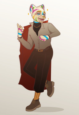 anthro belt bottomwear clothed clothing coat eyebrows fangs footwear fur jewelry male markings multicolored_markings necklace open_mouth pants shoes simple_background socks solo sparkles striped_body striped_fur stripes sweater teeth tongue topwear turtleneck tokwaart drawfee_(copyright) neopets destielconfession_(karina_farek) candy_neopet felid kougra mammal neopet_(species) digital_media_(artwork) hi_res