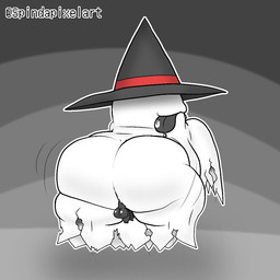 anthro backsack balls bedsheet_ghost black_tongue butt clothing eyeless femboy flaccid foreskin genitals grey_background hat headgear headwear legless male micropenis nude penis presenting presenting_hindquarters simple_background small_balls small_penis solo tongue tongue_out unretracted_foreskin white_body witch_hat axoarts bandai_namco digimon digimon_(species) ghost soulmon spirit 1:1 2022 digital_media_(artwork)