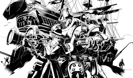 ambiguous_gender bicorne clothing coat eyewear fedora group gun handgun hat headgear headwear holding_gun holding_handgun holding_object holding_pistol holding_ranged_weapon holding_weapon lifeboat machine male not_furry outside pip-boy pistol ranged_weapon revolver rigging rocket_engine sailing_ship sailing_watercraft ship sunglasses text topwear trenchcoat uss_constitution vehicle watercraft weapon wearing_hat sexy-salmon fallout microsoft captian_ironsides the_silver_shroud human mammal mister_handy_(fallout) protectron_(fallout) robot sentry_bot_(fallout) artist_name black_and_white english_description monochrome