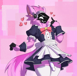 anthro bell bell_collar bottomwear bow_ribbon clothed clothing collar crossdressing dress femboy fingers fur genitals gesture hand_gesture heart_symbol knot knotted_penis machine maid_uniform male markings neck_tuft pattern_background penis pink_body pink_fur pointing pointing_at_self simple_background skirt solo tail tail_markings tuft uniform vein veiny_penis teuzrosa peter_(uwu_peter) protogen absurd_res hi_res