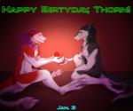 anthro azaly blush braided_hair collar digital_media_(artwork) duo fur green_body green_fur hair happy heart_symbol hi_res long_hair long_tail male male/male nude omez purple_hair sergal simple_background smile tail text thorsten_anzomi vilous_universe white_body white_fur