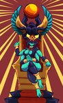 4_arms 5_fingers anthro armor bangs blue_body blue_hair breasts chair clothed clothing crossed_legs decorative_scarab egyptian egyptian_clothing evil_grin female fingers furniture glistening glistening_hair green_body hair hands_together headgear headwear inner_boob legwear multi_arm multi_limb muscular muscular_anthro muscular_female narrowed_eyes natural_armor nipple_outline non-mammal_breasts red_background simple_background sitting_on_throne skimpy smile solo thick_thighs throne usekh vambrace yellow_eyes yellow_sclera mechapen khepera_(mechapen) arthropod beetle insect scarabaeid 2020 digital_media_(artwork) hi_res