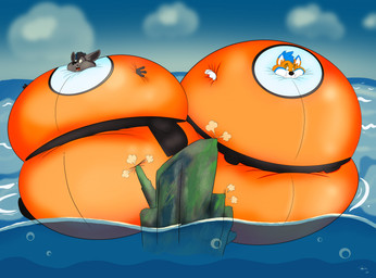 anthro duo implied_popping inflation male sea suit_inflation water tumble-dry kooper_(koopershiba) canid canine mammal hi_res