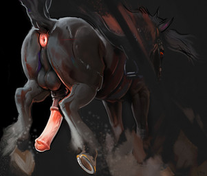 animal_genitalia animal_penis anus balls big_butt black_background black_hair bridle butt dark_body demonic equine_genitalia equine_penis erection feathering feral fur genitals glowing glowing_anus hair harness hooves long_hair male male_feral medial_ring mount penis presenting presenting_hindquarters puffy_anus raised_tail red_anus red_eyes saddle sheath simple_background solo tack tail 64k v_rising draft_horse equid equine gypsy_vanner horse mammal vampire hi_res