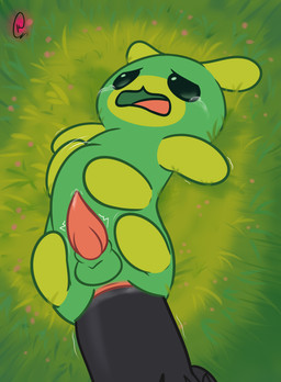 :3 abdominal_bulge anal anal_penetration anus balls big_penis black_penis bodily_fluids crying duo feral genital_fluids genitals grass green_body male male/male open_mouth pain partially_inside penetration penis pink_penis plant precum size_difference smaller_male stretched_anus stretching tears tears_of_pain kakau221 bits_and_bops flow_worms_(bits_and_bops) absurd_res hi_res