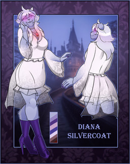 anthro blue_border boots border clothing colored_nails dress female fingernails footwear fur grey_body grey_fur hair high_heeled_boots high_heels looking_at_viewer maroon_background nails purple_boots purple_clothing purple_eyes purple_fingernails purple_footwear purple_high_heels purple_nails rear_view shoes solo standing tailless white_clothing white_dress white_hair lunar-haven-studios diana_silvercoat_(chrislshack1998) domestic_cat felid feline felis mammal scottish_fold hi_res model_sheet