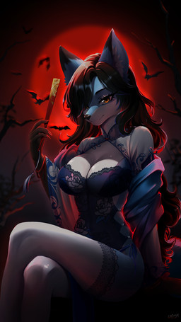 anthro asian_clothing bat_wings black_hair blue_body blue_fur breasts clothed clothing costume detailed_background east_asian_clothing eyebrows eyelashes female fingers fur hair halloween_costume halloween_decoration holidays japanese_clothing japanese_style light membrane_(anatomy) membranous_wings moon moonlight multicolored_body multicolored_fur orange_eyes plant red_body red_hair sitting smile solo wings laffisa halloween melanie_black bat canid canine fox mammal absurd_res hi_res