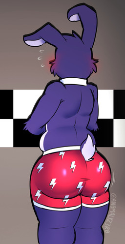 anthro arm_tuft big_butt biped blush butt cheek_tuft clothing elbow_tuft embarrassed embarrassed_male facial_tuft fur fur_tuft furgonomic_underwear furgonomics long_ears love_handles male pattern_clothing pattern_underwear purple_body purple_fur rear_view red_clothing red_underwear scut_tail short_tail solo tail tuft underwear an0malyz3r0 five_nights_at_freddy's scottgames bonnie_(fnaf) lagomorph leporid mammal rabbit 2025 absurd_res hi_res