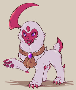 3_toes ambiguous_gender black_nose brooch brown_background cheek_tuft claws eyelashes facial_tuft fangs feet feral fur horn jewelry leg_tuft neck_tuft open_mouth paw_tuft pawpads purple_eyes quadruped red_body red_fur red_pawpads sash shadow simple_background solo tail tail_tuft teeth teeth_showing toe_claws toes tuft white_body white_fur shellyochunks nintendo pokemon tales_of_tabira jane_(tales_of_tabira) absol generation_3_pokemon pokemon_(species) shiny_pokemon 2017 female_(lore)