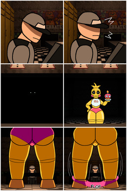 3d_background beakless border butt clothing female genitals machine male onomatopoeia panties security security_guard smile sound_effects text underwear undressing vulva white_border dougblaze five_nights_at_freddy's five_nights_at_freddy's_2 scottgames toy_chica_(fnaf) animatronic avian bird chicken galliform human mammal phasianid robot 3d_(artwork) absurd_res comic digital_media_(artwork) hi_res mixed_media