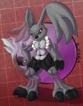 anthro bottomwear bulge claws clothed clothing detailed_bulge erection fur looking_at_viewer male pants red_eyes smile solo standing tight_bottomwear tight_clothing tight_pants topless gs-fox bandai_namco digimon digimon_(species) felid gazimon hybrid lagomorph mammal hi_res signature