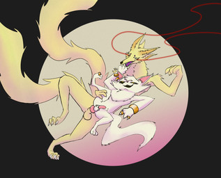 4_eyes anal anal_penetration animal_genitalia anthro anthro_on_anthro balls black_sclera bracelet chest_tuft claws duo ear_piercing ear_tuft eye_contact finger_claws fluffy fluffy_chest from_behind_position front_view fur genitals happy happy_sex holding_leg holding_leg_up holding_shoulder interspecies jewelry knot knot_prodding knotted_penis larger_male looking_at_another lying male male/male male_penetrated male_penetrating multi_ear multi_eye multi_tail nude on_side penetration penis piercing red_eyes ring sex simple_background size_difference smaller_male smaller_penetrated smile tail teeth toe_claws tuft white_body white_fur yellow_body yellow_eyes yellow_fur nevvery monster_train monster_train_2 artifact_merchant_(monster_train_2) nevvery_(character) canid canine domestic_cat felid feline felis mammal 2025 digital_drawing_(artwork) digital_media_(artwork) hi_res shaded