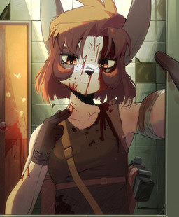 anthro bandage bathroom black_clothing black_gloves black_handwear black_shirt black_tank_top black_topwear blood blood_on_arm blood_on_face blood_on_wall bodily_fluids breasts brown_hair checking_out_self clothed clothing collarbone cracked_wall door female first_person_view fur gloves grey_ears gun hair handgun handwear holster holstered_pistol looking_at_mirror looking_at_object looking_at_viewer mirror nosebleed pistol public_restroom ranged_weapon red_hair shirt short_hair sleeveless_shirt solo tank_top topwear weapon white_body white_fur wounded kosatich elisa_(kosatich) lagomorph leporid mammal rabbit 2026 absurd_res digital_media_(artwork) hi_res