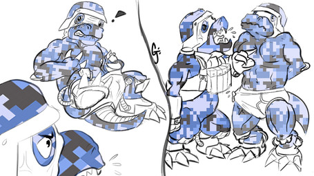 anthro armor blush bodily_fluids briefs caught caught_in_the_act caught_masturbating clothing cum cum_in_clothing cum_in_underwear cum_through_clothing cum_through_underwear duo embarrassed erection erection_under_clothing genital_fluids genitals headgear helmet male masturbation military nipples orgasm pecs penis soldier tenting underwear warrior wet wet_clothing wet_underwear godot_(artist) bandai_namco digimon commandramon digimon_(species) scalie 16:9 widescreen