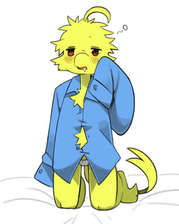 ahoge anthro bed belly_tuft biped blue_clothing blue_topwear bodily_fluids bottomless bottomless_anthro bottomless_female brown_eyes cheek_tuft chest_tuft clothed clothing drooling facial_tuft feathers female front_view furniture hair head_tuft kneeling on_bed oversized_clothing oversized_shirt oversized_topwear plantigrade saliva shirt simple_background slim slim_anthro slim_female solo tail topwear tuft waking_up white_background yellow_body yellow_feathers pizademokttero avian bird chicken galliform phasianid 2025 4:5 absurd_res digital_drawing_(artwork) digital_media_(artwork) hi_res