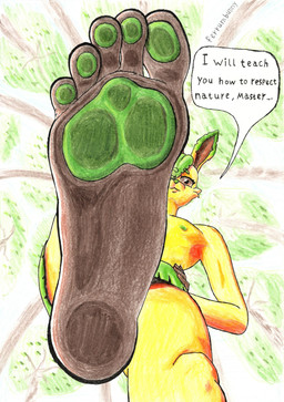 5_toes against_surface anthro brown_eyes brown_feet detailed_background dirty dirty_feet dominant dominant_anthro dominant_male feet foot_fetish foot_focus forest green_nipples green_nose green_pawpads hand_on_hip humanoid_feet leaf leaf_clothing leaf_hair looking_at_viewer looking_down low-angle_view male nipples on_glass outside pawpads plant plant_hair plantigrade pseudo_hair soles solo speech_bubble standing stomping talking_to_viewer text toes toony trampling tree yellow_body ferrumbunny nintendo pokemon eeveelution flareon generation_1_pokemon generation_4_pokemon leafeon pokemon_(species) 2026 colored_pencil_(artwork) detailed english_text graphite_(artwork) hi_res traditional_media_(artwork)