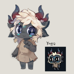 4_fingers anthro black_body blue_horn female fingers fur horn looking_at_viewer multicolored_horn red_horn simple_background solo white_body white_fur weruka_tt cult_of_the_lamb massive_monster_(studio) yngya_(cult_of_the_lamb) bovid caprine mammal sheep 1:1 2026 absurd_res hi_res