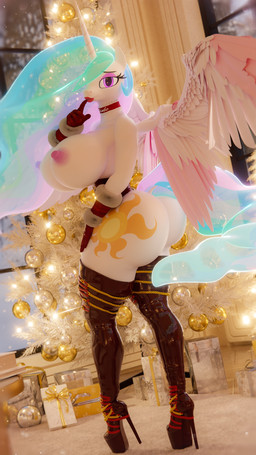 anthro areola big_breasts big_butt biped boots breasts butt christmas_tree clothing detailed_background eyelashes feathered_wings feathers female footwear gloves hair handwear high_heeled_boots high_heels holidays horn inside legwear lipstick looking_at_viewer looking_back makeup mostly_nude multicolored_hair nipples plant pupils shoes smile solo thick_thighs thigh_boots thigh_highs tree white_body wings vladichslg christmas friendship_is_magic hasbro my_little_pony mythology princess_celestia_(mlp) equid equine mammal mythological_creature mythological_equine winged_unicorn 3d_(artwork) 4k 9:16 absurd_res digital_media_(artwork) hi_res