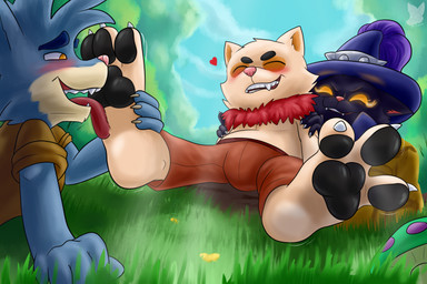 3_toes anthro black_body black_eyebrows black_fur black_pawpads blue_clothing blue_eyebrows blue_hat blue_headwear blush bottomwear brown_bottomwear brown_clothing brown_pants brown_shirt brown_topwear cheek_tuft claws clothed clothed_anthro clothed_male clothing eyebrows eyes_closed facial_tuft fangs feet finger_claws foot_fetish foot_grab foot_lick fur fur_tuft grass group hands_on_shoulders hat headgear headwear heart_symbol licking male open_mouth open_smile pants pawpads paws pink_nose plant red_tongue shirt smile tan_body tan_fur teeth tickling tickling_feet toes tongue tongue_out topwear trio tuft yellow_eyes misterfuchs league_of_legends riot_games tencent rumble_(lol) teemo_(lol) veigar mammal yordle hi_res