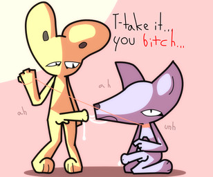 anthro bodily_fluids collar cum cum_drip degradation dripping duo fellatio femboy femboy/femboy fur genital_fluids insult male male/male moan oral penile profanity purple_body purple_fur sex sexist_slur yellow_body yellow_fur screwbeesinc filter_(screwbeesinc) siphon_(screwbeesinc) lagomorph leporid mammal murid murine rabbit rat rodent