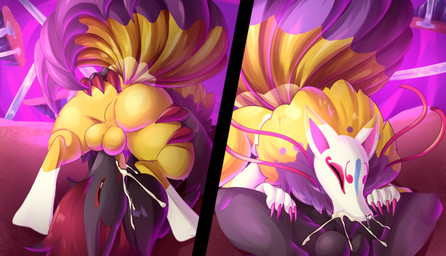 69_position 9_tails anthro anus balls black_body black_fur blue_markings bodily_fluids butt butt_grab colored_nails cum cum_from_nose cum_in_mouth cum_in_nose cum_inside digitigrade dipstick_ears dipstick_tail distortion_world duo ear_markings erection eyes_closed fur genital_fluids genitals hair hand_on_butt humanoid_genitalia humanoid_penis leg_grab long_hair male male/male mane markings multi_tail multicolored_body multicolored_ears multicolored_fur nails neck_tuft oral orgasm penis perineum pointy_ears prick_ears purple_markings red_markings saliva saliva_on_penis sex spread_legs spreading tail tail_markings thick_thighs tuft waterfall yellow_body yellow_fur earthb-kun asian_mythology east_asian_mythology japanese_mythology level-5 mythology nintendo pokemon yo-kai_watch kyubi_(yo-kai_watch) canid canine fox fox_spirit generation_5_pokemon mammal pokemon_(species) spirit yokai zoroark absurd_res hi_res