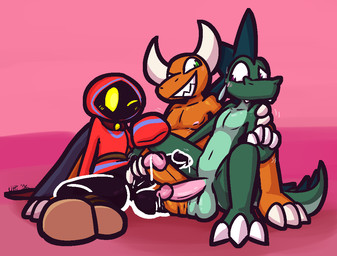 2_horns 3_toes anthro anthro_on_anthro arm_grab balls big_balls big_penis black_balls black_penis blue_clothing blue_hood blue_robe blush bottomless brown_clothing brown_footwear brown_shoes cape claws clothed clothing cute_fangs erection fangs feet finger_claws footwear genitals glans green_balls green_body green_eyes green_hair green_penis green_pupils green_scales grin group group_sex hair horn humanoid_on_anthro interspecies long_sleeves looking_at_another looking_down male male/male nipples no_pupils nude one_eye_closed orange_balls orange_body orange_penis orange_scales penis pink_background pink_glans pink_nipples pink_penis pupils purple_eyes purple_pupils red_cape red_clothing red_hood red_robe robe scales sex shoes shoulder_grab simple_background smile teeth threesome toe_claws toes trio triple_frottage white_horn yellow_eyes ultilix european_mythology mythology emerald_(ultilix) leo_the_magician to-be-named-later demon dragon humanoid mythological_creature mythological_scalie scalie shadow_creature western_dragon