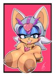 anthro armor big_breasts bikini_armor breasts female headgear heart_symbol helmet jewelry necklace nipple_piercing nipples piercing smile smug_face solo teal_eyes unconvincing_armor barely_sly sega sonic_the_hedgehog_(series) rouge_the_bat bat mammal bust_portrait portrait