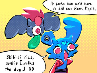 ambiguous_gender anthro biped black_text blue_body blue_fur clothing dialogue duo ear_piercing ear_ring fur green_tongue hair male open_mouth open_smile piercing pupils red_clothing red_eyes red_hair ring_piercing smile speech_bubble standing talking_to_another teeth text tongue tongue_out tuft white_pupils white_sclera wings stevenm1988 i_think_we're_gonna_have_to_kill_this_guy pipistrello_and_the_cursed_yoyo madame_pipistrello pippit_pipistrello bat mammal 2026 4:3 english_text meme aunt_(lore) aunt_and_nephew_(lore) female_(lore) nephew_(lore)
