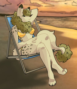 anthro beach beach_chair bikini breasts clothing female fur markings neck_tuft sea solo spots spotted_body spotted_fur swimwear tail tail_tuft tuft two-piece_swimsuit water wool_(fur) guava_the_strawberry the_nature_of_predators sheva_(frogman) mammal venlil_(the_nature_of_predators)