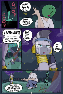 ?_face clothing dialogue duo ear_piercing ear_ring face_shield female feral food fruit male mask night outside piercing plant ring_piercing text tree shoutingisfun friendship_is_magic hasbro my_little_pony anon zecora_(mlp) equid equine human mammal zebra 2:3 comic english_text hi_res