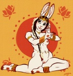 anthro belly_chain braided_hair breasts female genitals hair head_ornament indian jewelry looking_up lotus_symbol nipples nude pattern_background pussy simple_background small_breasts solo waist_accessory fossa_(artist) lagomorph leporid mammal rabbit