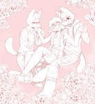 ambiguous_gender anthro blush blush_lines clothed clothing flirting flower fluffy group kissing_hand male pink_background pink_monochrome plant polyamory rose_(flower) simple_background trio tuft cotl-flower-crown cult_of_the_lamb massive_monster_(studio) aym_(cult_of_the_lamb) baal_(cult_of_the_lamb) lamb_(cult_of_the_lamb) bovid caprine domestic_cat felid feline felis mammal sheep absurd_res hi_res monochrome brother_(lore) brothers_(lore) sibling_(lore)