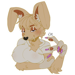 anthro big_breasts blonde_hair bodily_fluids breasts colored_nails drooling female floppy_ears fluffy fluffy_chest hair helene_hunter lidded_eyes long_nails nails purple_nails saliva seductive solo puppydeer canid canine canis coyote hare lagomorph leporid mammal 1:1