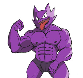 5_fingers abs big_muscles bulge clothed clothing fingers flexing flexing_bicep male muscular muscular_male navel nipples open_mouth pecs purple_body simple_background solo standing tongue tongue_out topless underwear underwear_only white_background kemarux nintendo pokemon generation_1_pokemon ghost haunter pokemon_(species) spirit 2021