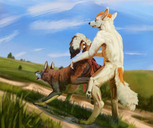 animal_genitalia animal_penis anthro anthro_on_feral bestiality canine_genitalia canine_penis duo erection eyes_closed feral genitals imminent_anal knot male male/male open_mouth penis fokker_(artist) amras_(amras) canid canine canis mammal wolf absurd_res hi_res