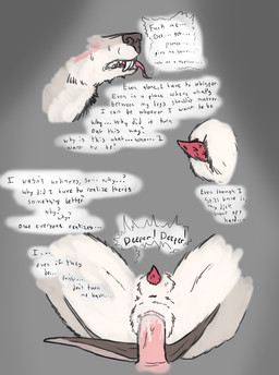 ambiguous_gender animal_genitalia animal_instincts anthro aroused barbed_glans begging bodily_fluids canine_teeth conflicted crossgender dialogue erectile_dysfunction feminization flaccid flaccid_while_penetrated fur gender_transformation genderplay genital_fluids genitals glans hunter identity_death impregnation_request in_denial in_heat instinct intersex intersex/intersex looking_pleasured male maleherm mti_crossgender mti_transformation mtmh_transformation penetration penis personality_change prehensile_penis profanity sackless sheath simple_background small_penis snout solo species_transformation submissive submissive_intersex submissive_maleherm sweat text tongue transformation vaginal vaginal_fluids vaginal_penetration vulva wet white_body white_fur welcometaco failbetter_games fallen_london kinktober_2025 poppy_(welcometaco) bat humanoid mammal megabat english_text hi_res