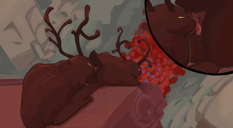 2_horns ambiguous_gender anal antlers anus bodily_fluids brown_antlers brown_body butt duo eyes_closed feral horn oral outside pink_anus quadruped rear_view rimming saliva sex sitting cocofish rain_world videocult mammal rain_deer_(rain_world) absurd_res hi_res