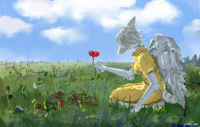 alternate_costume anthro bent_legs blue_body bone_frill breasts clothed clothed_anthro clothed_female clothing cloud day dress elbow_feathers feathered_wings feathers female fence flower frill_(anatomy) furgonomics grass grey_body grey_feathers grey_hair hair holding_flower holding_object markings medium_breasts medium_hair non-mammal_breasts outside plant poppy_(flower) short_tail side_view sitting sky solo striped_markings stripes tail wings yellow_clothing yellow_dress rehikir cavemanon_studios goodbye_volcano_high ko_op_(game_developer) snoot_game fang_(gvh) prehistoric_species pterosaur reptile scalie 2026 absurd_res colored dated digital_media_(artwork) digital_painting_(artwork) hi_res painting_(artwork) shaded signature