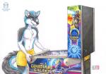 5_fingers anthro black_body black_fur black_nose blue_eyes blue_hair blue_tongue eyebrows fingers fur hair male pinball_machine smile solo tail tongue kacey guardians_of_the_galaxy marvel groot rocket_raccoon canid canine canis domestic_dog mammal procyonid raccoon 2019