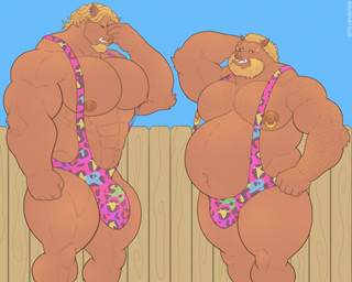 abs age_difference anthro areola arm_hair barazoku beard belly belly_overhang biceps big_belly big_bulge big_muscles blush bodily_fluids body_hair bulge chest_hair clothed clothing day deltoids duo ear_piercing ear_ring embarrassed eyebrows eyes_closed facepalm facial_hair facial_piercing fence frown fur hair hand_behind_head happy_trail huge_belly huge_bulge huge_muscles looking_at_another male mature_anthro mature_male musclegut muscular muscular_anthro muscular_male navel nipple_piercing nipple_ring nipples nose_piercing nose_ring older_male one-piece_swimsuit outside overweight overweight_male pecs piercing pubes quads ring_piercing serratus simple_background size_difference skimpy sling_bikini smile standing sweat sweatdrop swimwear teeth thick_arms thick_thighs triceps tuft tusks younger_male tylerstark domestic_pig mammal suid suine sus_(pig) 2025 absurd_res hi_res father_(lore) father_and_child_(lore) father_and_son_(lore) parent_(lore) parent_and_child_(lore) parent_and_son_(lore) son_(lore)