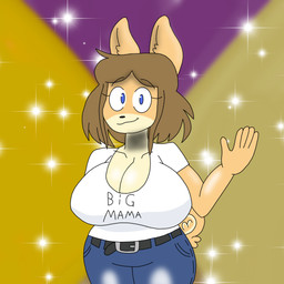 abstract_background anthro belt big_breasts blue_bottomwear blue_clothing blue_eyes blue_pants bottomwear breasts brown_hair cleavage closed_smile clothed clothed_anthro clothed_female clothing collarbone countershade_face countershading eyebrow_through_hair eyebrows eyelashes female fur gesture hair looking_at_viewer mouth_closed pants shirt smile solo sparkles t-shirt tail tan_body tan_fur text text_on_clothing text_on_shirt text_on_t-shirt text_on_topwear topwear translucent translucent_hair waving waving_at_viewer white_clothing white_shirt white_t-shirt white_topwear shark123123 june_(jinu) canid canine canis domestic_dog mammal shiba_inu spitz 1:1 2025 digital_drawing_(artwork) digital_media_(artwork) english_description english_text hi_res portrait three-quarter_portrait
