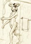 anthro eyes_closed flaccid genitals male nude open_mouth penis shower shower_head shower_hose solo standing steam towel walking wet punkpega ozzy_otter canid canine mammal 2013 hi_res monochrome traditional_media_(artwork)