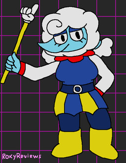 anthro belt boots breasts clothing cloud curly_hair eyelashes female fluffy footwear geometric_background gloves grid_background hair handwear holding_object long_sleeves pattern_background shoes simple_background smile solo staff stripes thick_thighs roxyreviews deltarune undertale_(series) elnina_(deltarune) animate_inanimate