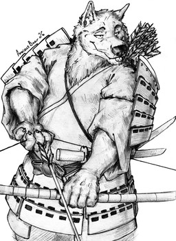 anthro armor biped blep bow_(weapon) front_view katana male male_anthro melee_weapon pose ranged_weapon samurai solo standing sword tongue tongue_out warrior weapon anxiousboar memburu_(character) canid canine mammal absurd_res hi_res monochrome sketch traditional_media_(artwork)